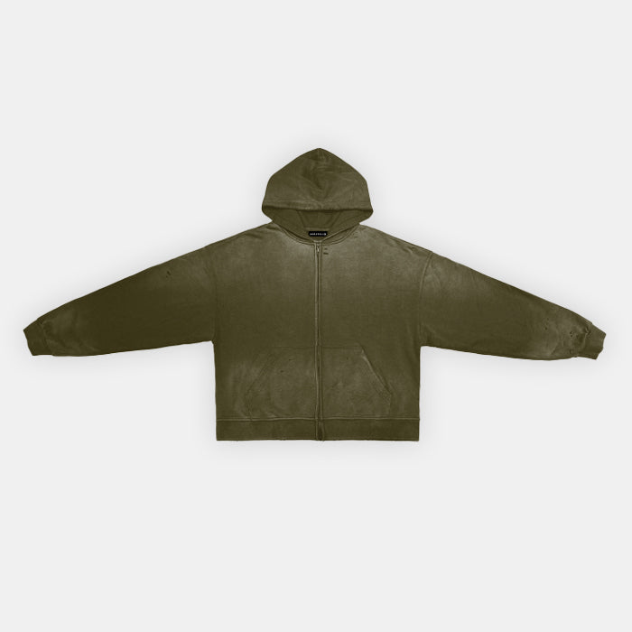 HAND-FRAYED AND WASHED ZIP HOODIE