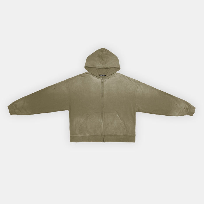 HAND-FRAYED AND WASHED ZIP HOODIE