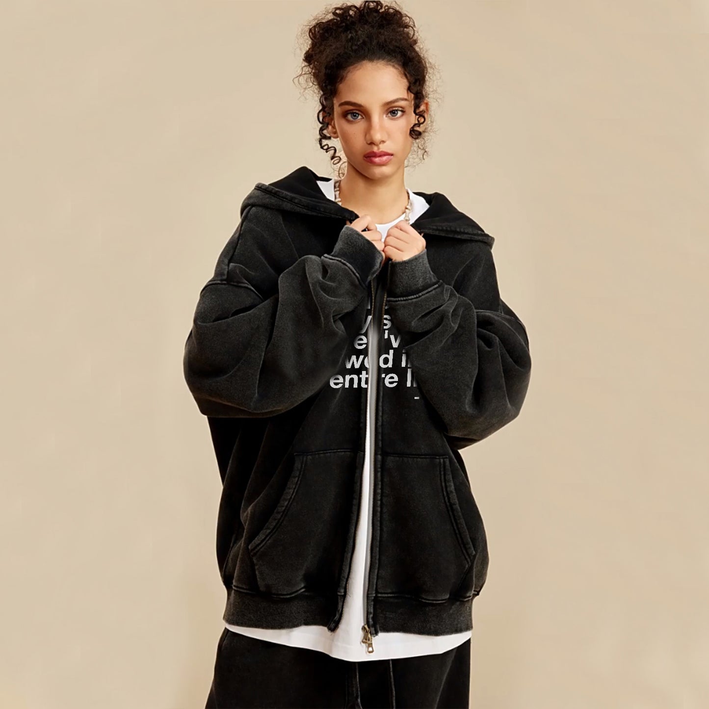 ACID WASHED FLEECE ZIP HOODIE JACKET - BLACK
